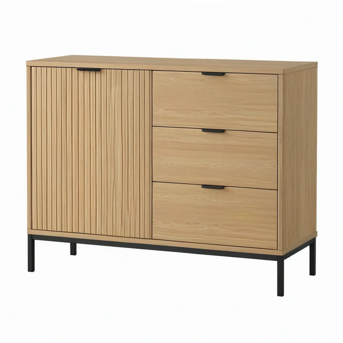 Natural Oak and Black Sideboard with 2 Fluted Doors, 3 Drawers, Steel Legs, 47.2 x 15.7 x 35.4 in