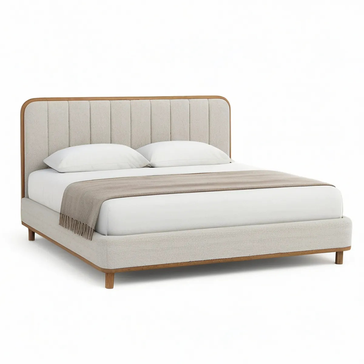 Queen Upholstered Platform Bed Frame, Beige and Natural Brown, 65 in W x 86 in D x 50 in H