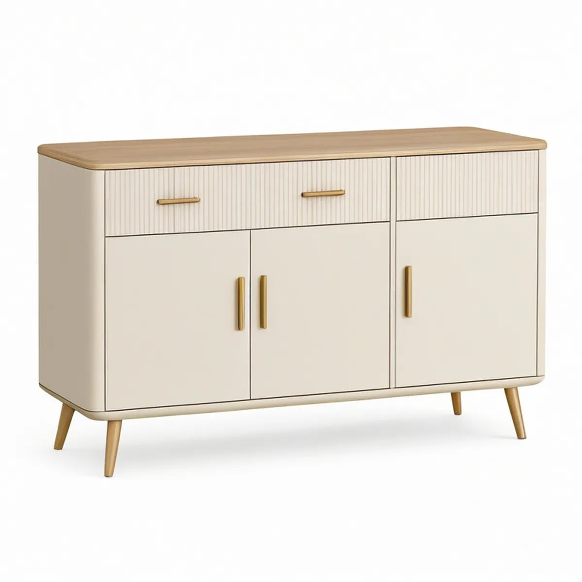 Cream Sideboard Cabinet with 3 Drawers and 3 Doors, Light Oak Top and Gold Handles, 55.12 x 15.75 x 31.50 in
