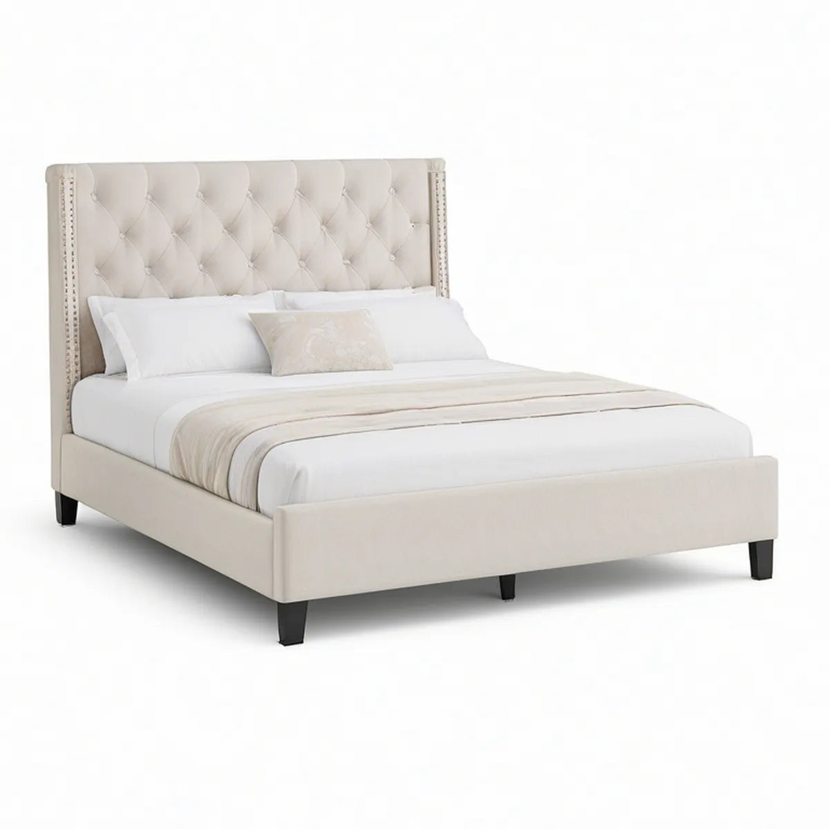 Queen Upholstered Platform Bed Frame, 64 x 86 x 58 in, Ivory with Black Legs
