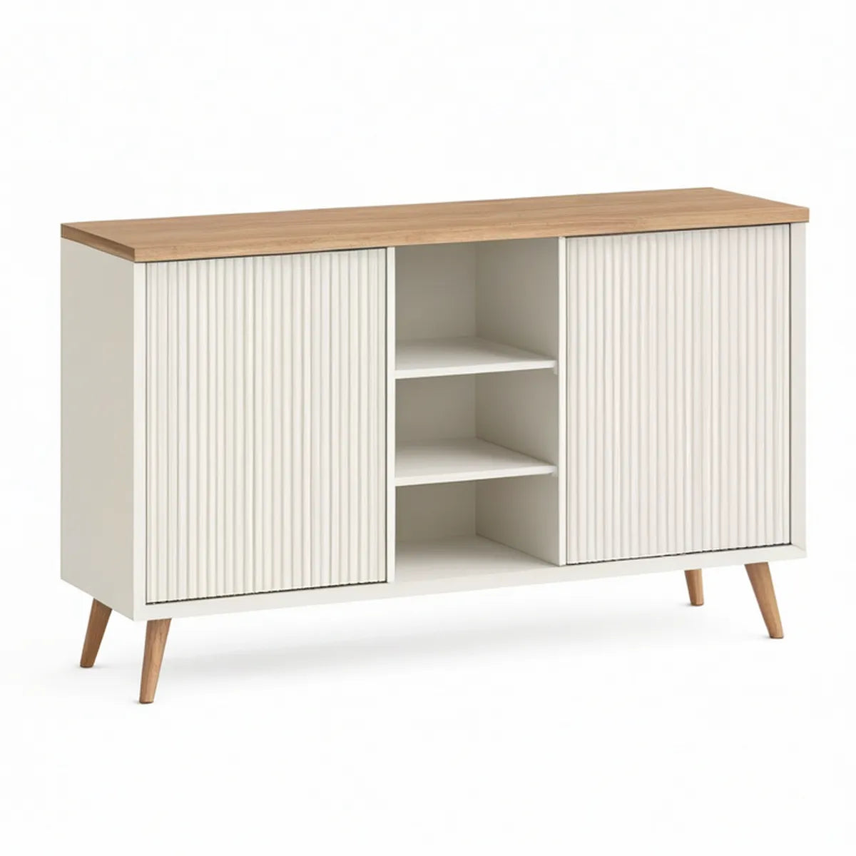 White and Natural Oak Sliding-Door Sideboard Cabinet, 120 x 40 x 80 cm
