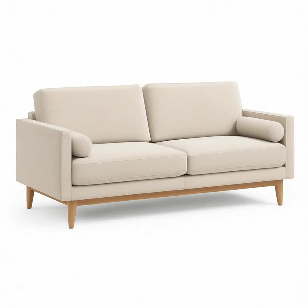 2-Seat Cream Polyester Upholstered Sofa with Natural Brown Rubberwood Legs, 63 x 35 x 34 in