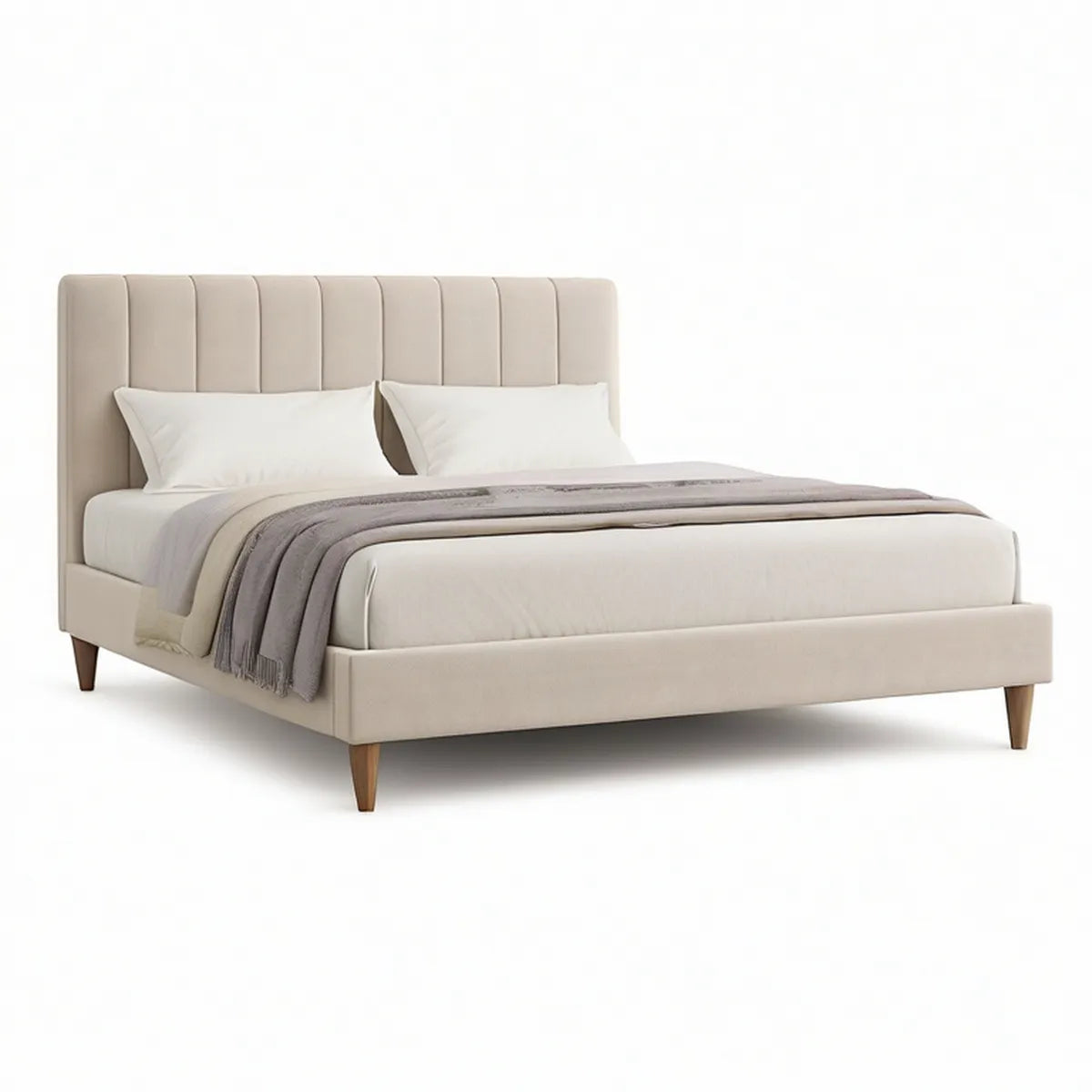 Queen Upholstered Bed Frame, 86 x 64 x 45 in, Vertical Channel-Tufted Headboard, Beige/Brown