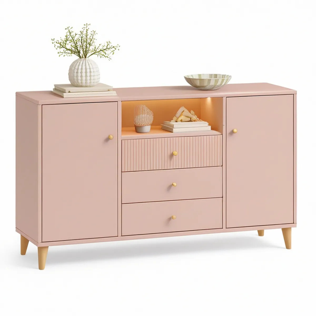 Pink Storage Cabinet with 2 Doors, 3 Drawers, LED Open Shelf, 47.2 x 15.7 x 31.5 in
