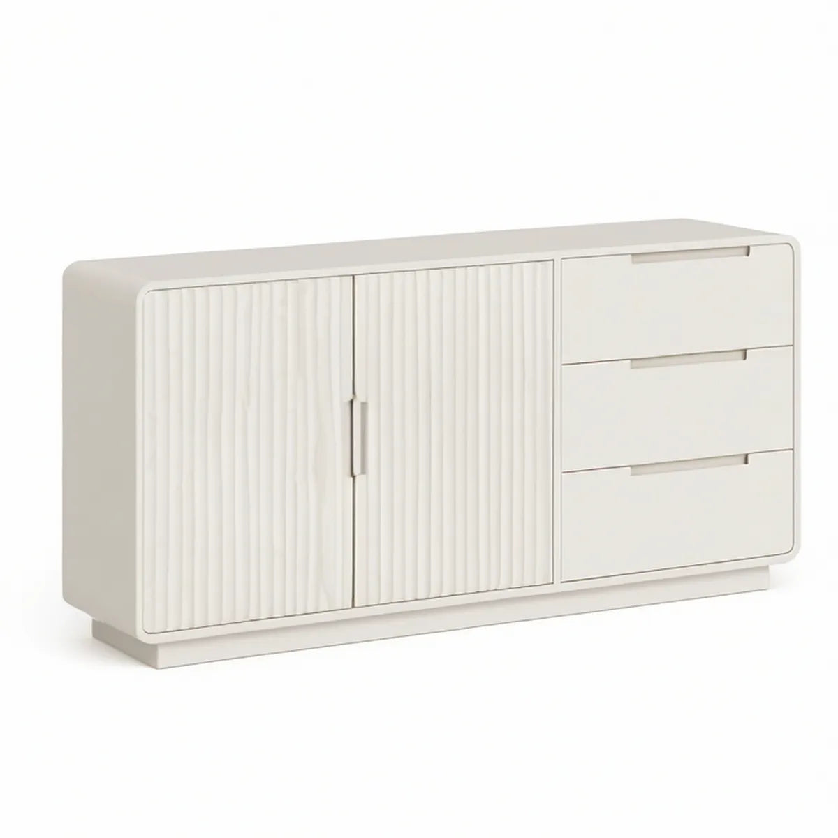 White MDF Storage Sideboard with 3 Drawers and 2 Fluted Doors, 63 x 18 x 32 in