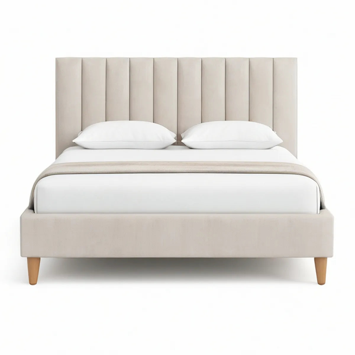 Queen Beige Upholstered Platform Bed, 64 x 85 x 52 in, with Natural Brown Wood Legs