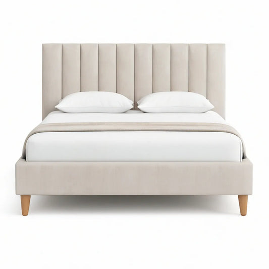 Queen Beige Upholstered Platform Bed, 64 x 85 x 52 in, with Natural Brown Wood Legs