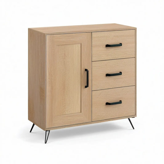 Natural Oak and Black 31.5 x 15.7 x 35.4 in Engineered Wood Storage Cabinet with 3 Drawers and 1 Door