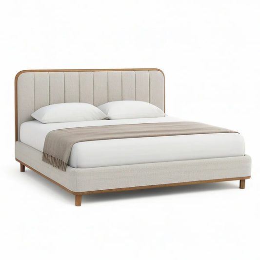 Queen Upholstered Platform Bed Frame, Beige and Natural Brown, 65 in W x 86 in D x 50 in H