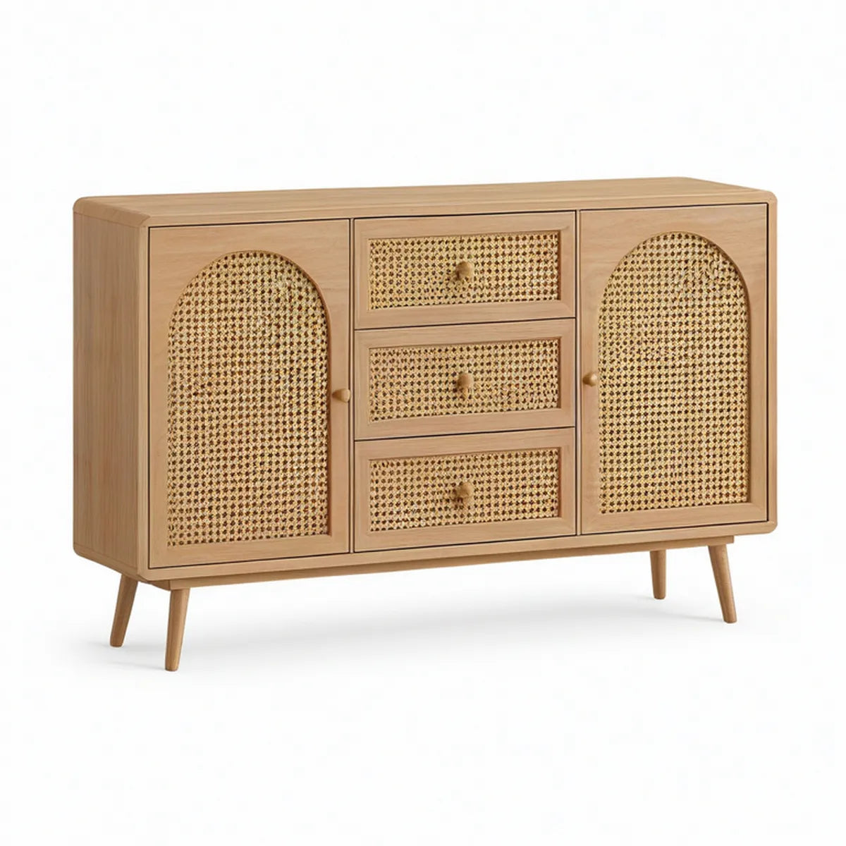 47.2 in Light Oak and Natural Beige Rattan Storage Unit with 2 Doors and 3 Drawers