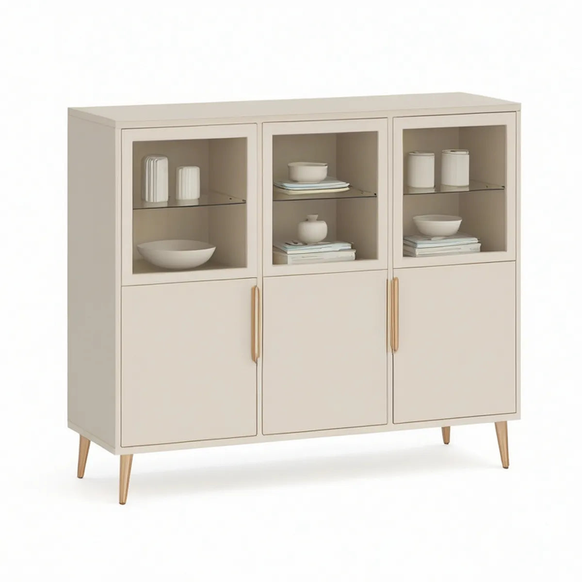 Mid-Century Modern Cream MDF Storage Cabinet with Tempered Glass Doors, 47.2 in W x 15.7 in D x 47.2 in H