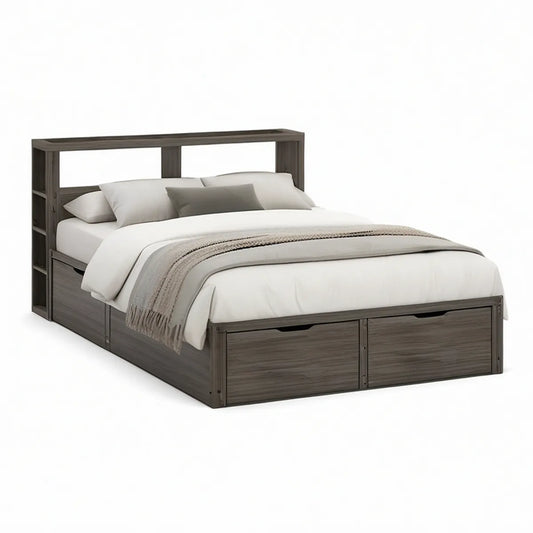 Queen Storage Bed Frame with Bookcase Headboard, Side Storage and 2 Footboard Drawers, Dark Gray, 85 x 64 x 60 in