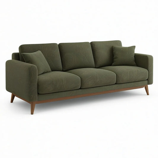 84 x 35 x 34 in Olive Green Polyester Upholstered 3-Seater Sofa with Brown Rubberwood Legs
