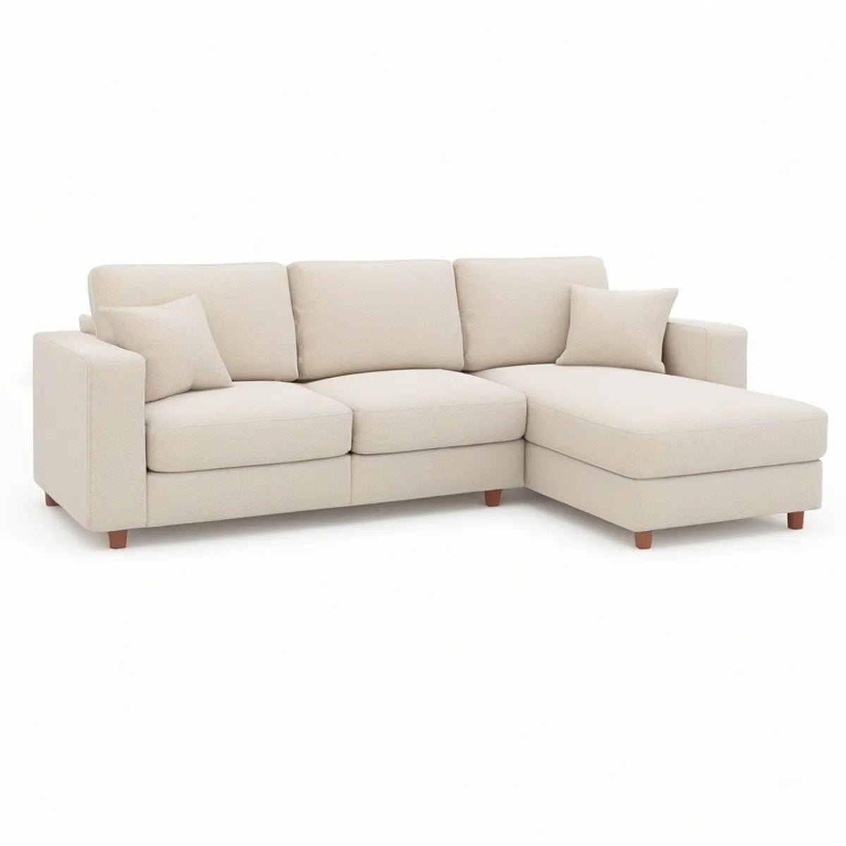 Cream Polyester L-Shaped Sofa with Right-Facing Chaise and Brown Legs, 101.2 x 64.6 x 33.5 in