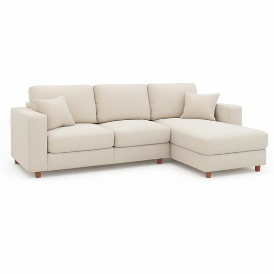 Cream Polyester L-Shaped Sofa with Right-Facing Chaise and Brown Legs, 101.2 x 64.6 x 33.5 in