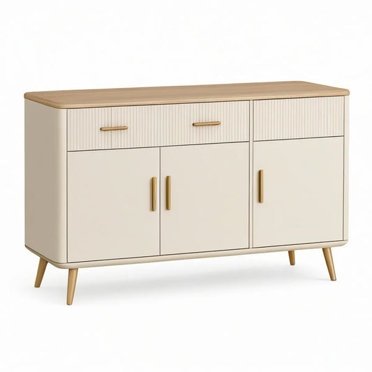 Cream Sideboard Cabinet with 3 Drawers and 3 Doors, Light Oak Top and Gold Handles, 55.12 x 15.75 x 31.50 in