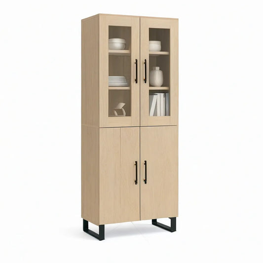 Light Oak 4-Door Tall Storage Cabinet with Glass Doors, 31.5 x 15.7 x 70.9 in