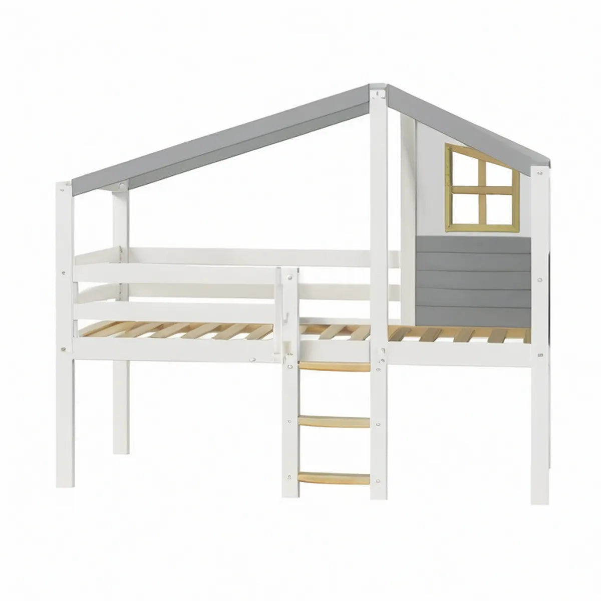 Twin Solid Pine Wood Mid Sleeper Bed with House Frame and Ladder, White/Gray/Natural, 78.7 x 41.7 x 75.2 in