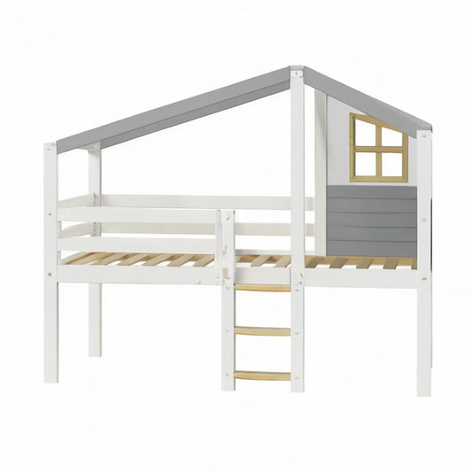 Twin Solid Pine Wood Mid Sleeper Bed with House Frame and Ladder, White/Gray/Natural, 78.7 x 41.7 x 75.2 in