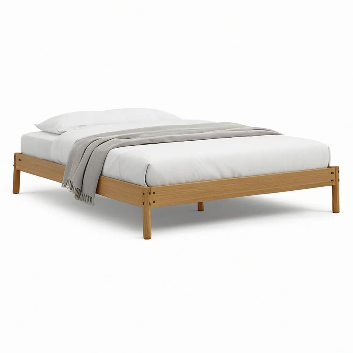 Queen Solid Pine Platform Bed Frame, Natural Light Brown, 82 x 63 x 14 in