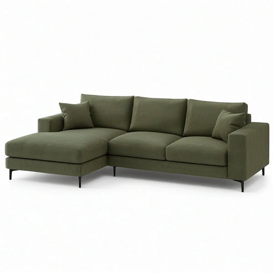 Olive Green L-Shaped Sectional with Left-Facing Chaise, 112 x 65 x 34 in.