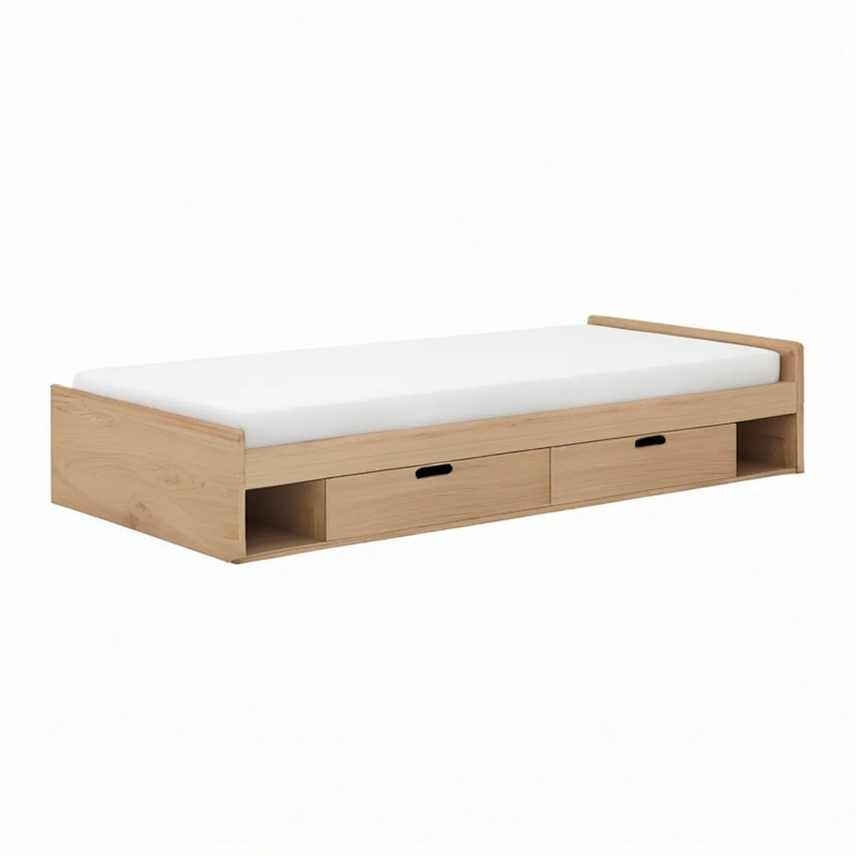 Natural Twin Solid Pine Wood Storage Platform Bed Frame with 2 Drawers and Open Cubbies, 78.7 x 41.3 x 23.6 in