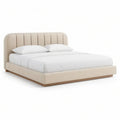 Queen Beige Upholstered Platform Bed Frame with Channel-Tufted Headboard, 65 x 86 x 48 in