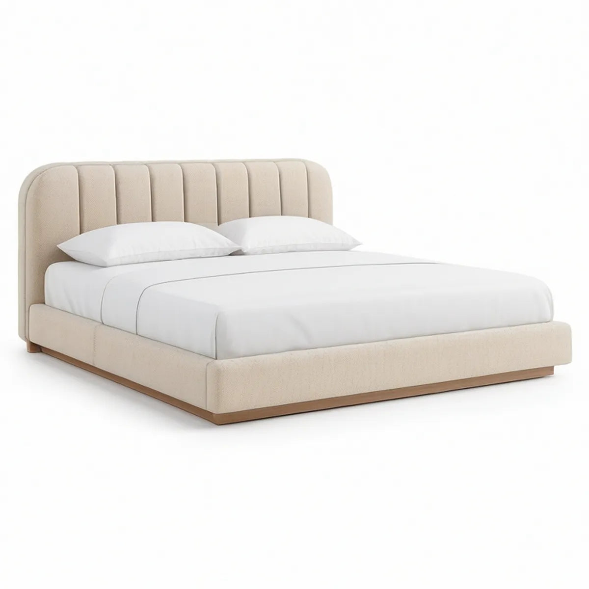 Queen Beige Upholstered Platform Bed Frame with Channel-Tufted Headboard, 65 x 86 x 48 in