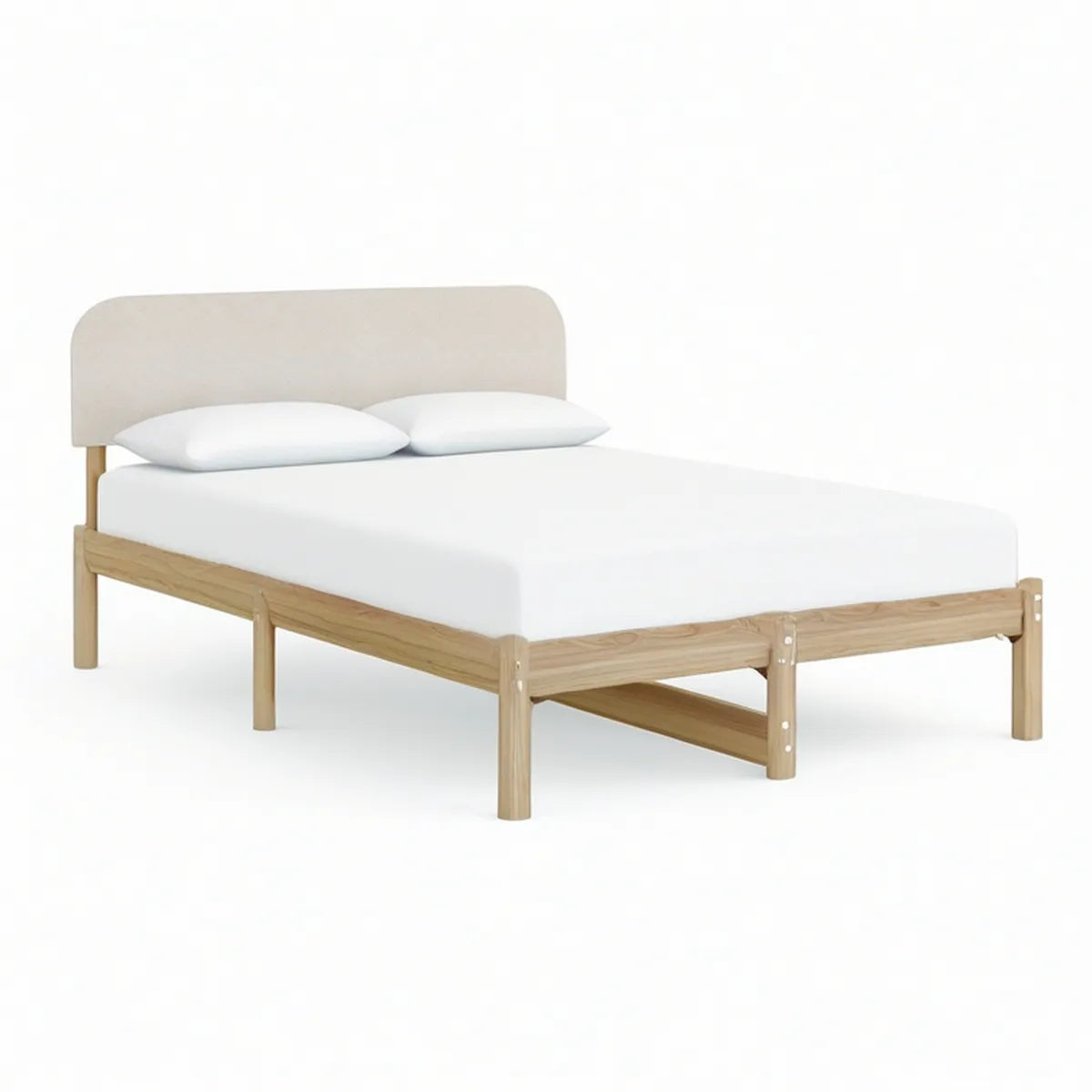 Queen Platform Bed Frame with Beige Upholstered Headboard, Natural Rubberwood, 80 x 60 in