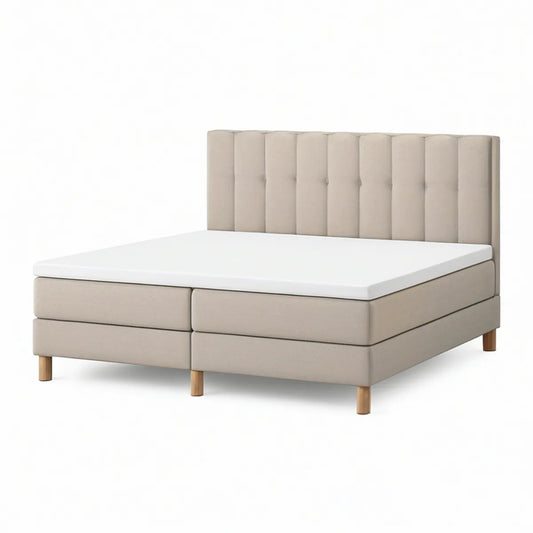 Queen Beige Upholstered Platform Bed with Channel-Tufted Headboard, 65 x 86 x 48 in