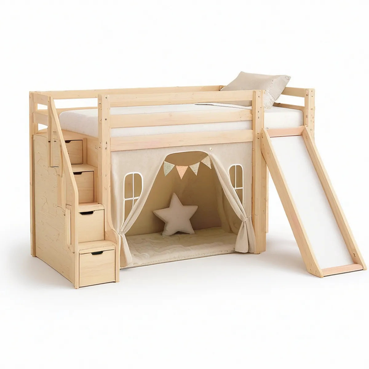 Twin Loft Bed with Slide, Stairs and Storage Drawers, Natural Pine/White/Beige, 78 in L x 84 in W x 50 in H
