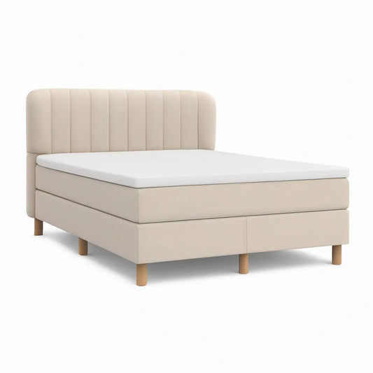 Queen Upholstered Platform Bed Frame, 83 x 64 x 46 in, Cream with Natural Wood Legs