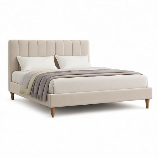 Queen Upholstered Bed Frame, 86 x 64 x 45 in, Vertical Channel-Tufted Headboard, Beige/Brown