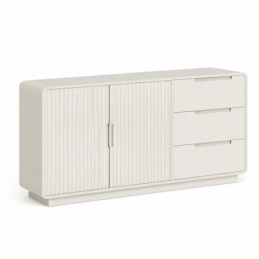 White MDF Storage Sideboard with 3 Drawers and 2 Fluted Doors, 63 x 18 x 32 in
