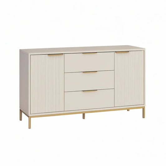 Contemporary Cream and Gold Storage Cabinet, 47.2 x 15.7 x 31.5 in, 3 Drawers and 2 Fluted Doors