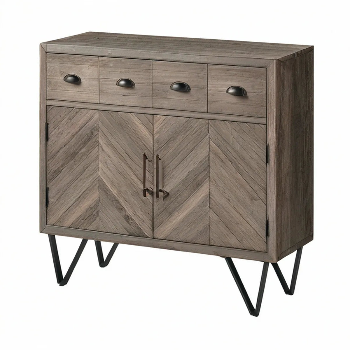 47.2 x 15.7 x 35.4 in Gray Brown Engineered Wood Sideboard with 4 Drawers, 3 Chevron Doors and Black Steel Legs